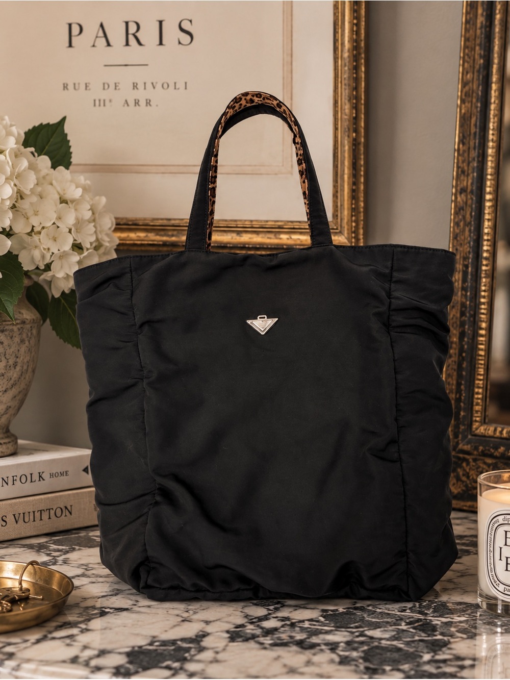 Bottega Veneta Vintage Black Nylon Leopard Print Tote Bag Made in Italy